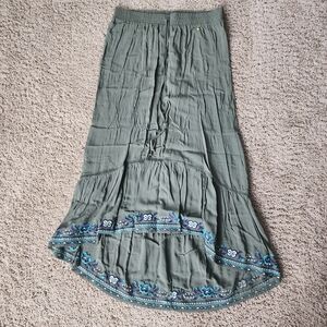 Time and Tru Olive Green High-Low Embroidered Maxi Skirt